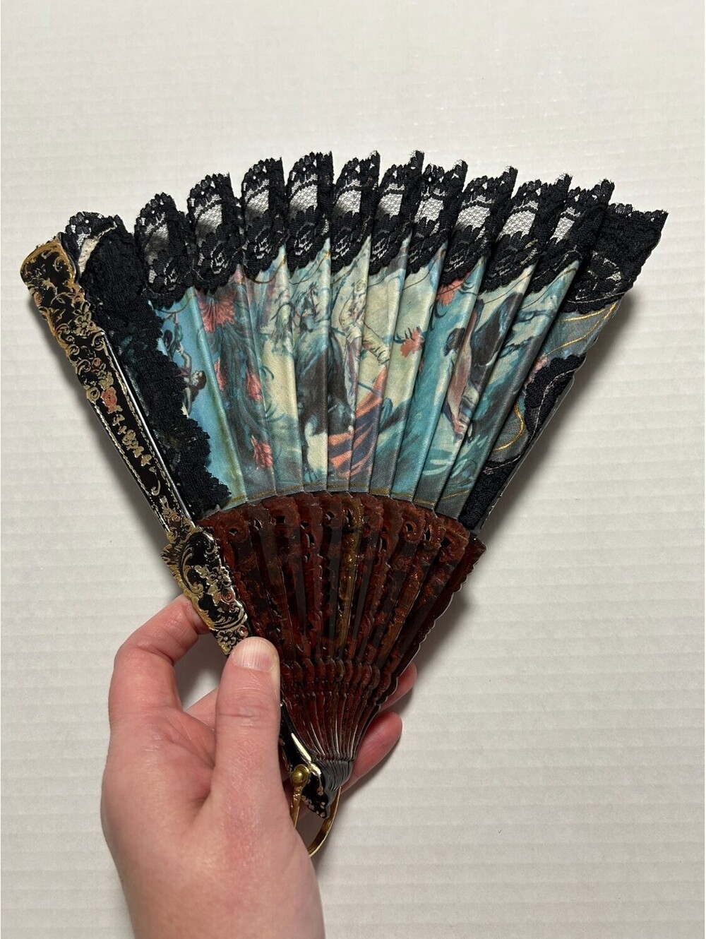Vintage Spanish Folding Hand Fan Black Lace Courting Scene Gilt Faux Tortoise